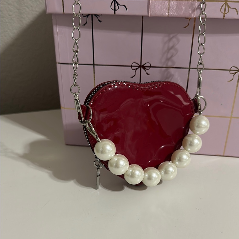 Red Heart-Shaped Bag with Pearl Detail
